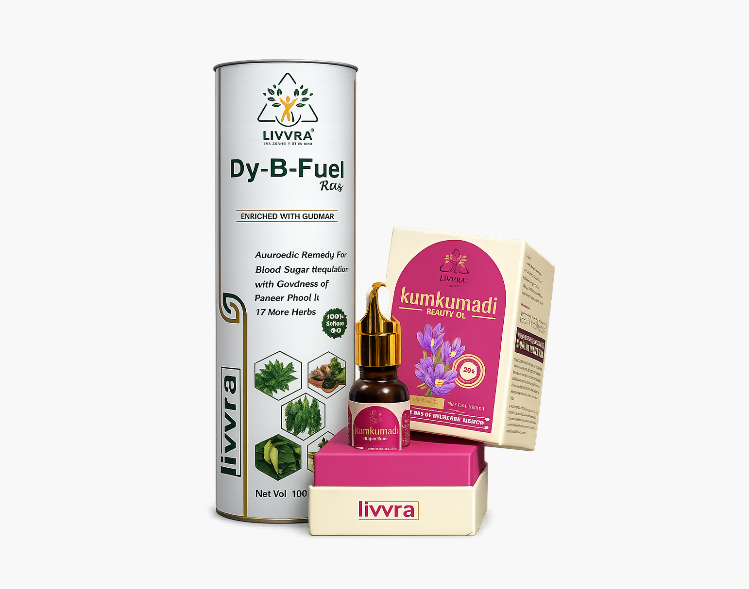 🔥 LIVVRA Wellness & Glow Combo – Dy-B-Fuel (1000ml) + Kumkumadi Oil (10ml)